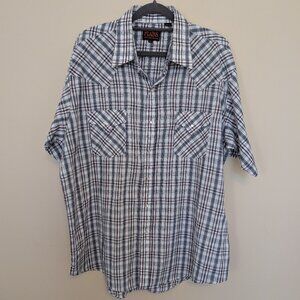 Plains Western Wear Pearl Snap front shirt blue white red plaid XL EUC